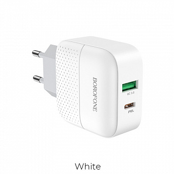 Зарядное устройство BOROFONE BA46A Premium, 3A, белый, два порта: USB/Type-C